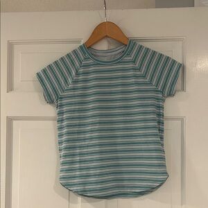 Athleta Kids Aqua and White Striped Short Sleeve Tee